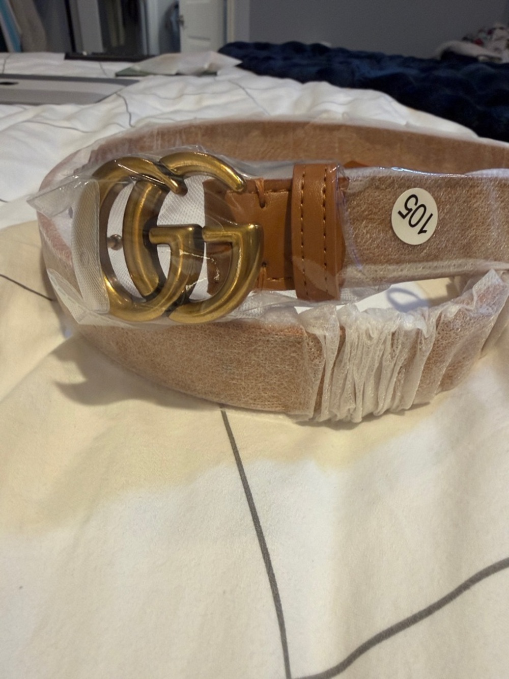 Women's Tan Leather Belt with Double G-Style Gold Buckle
